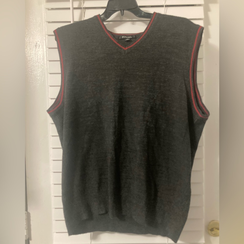Men’s Sweater Vest Color Dark Grey and Red Trim, Size 2XL used $15